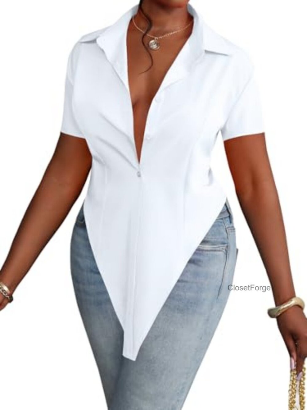 Womens V Neck Button Down Blouse Short Sleeve Split Hem Tunic Top
